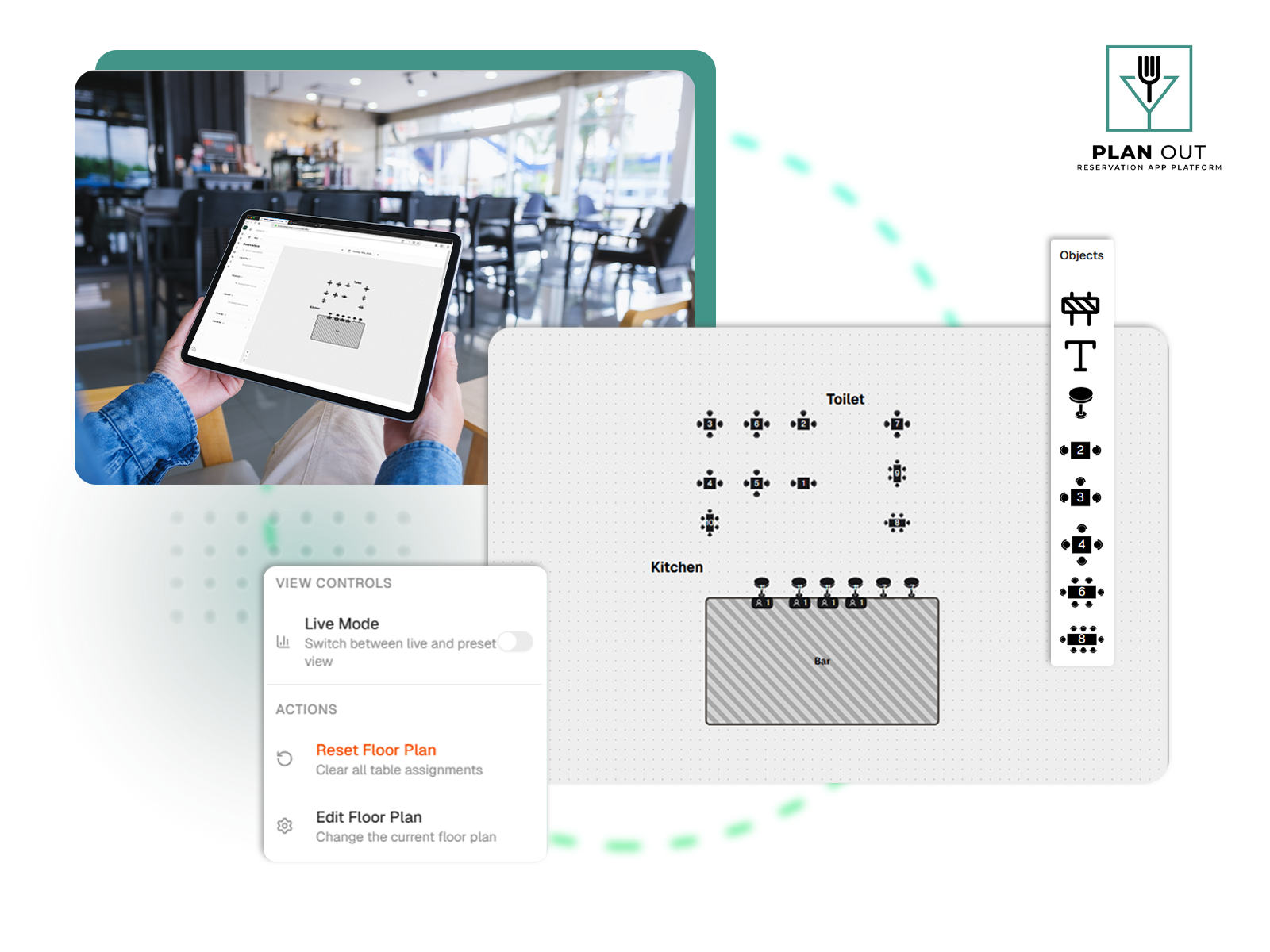 Plan Out app interface showing restaurant tables